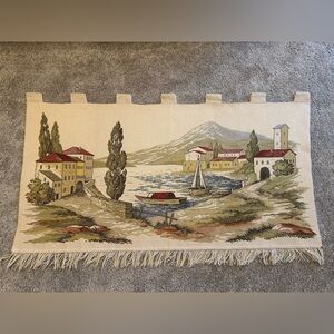 Large vintage gobelin wall tapestry lake village boat mountain 51x26 Italy